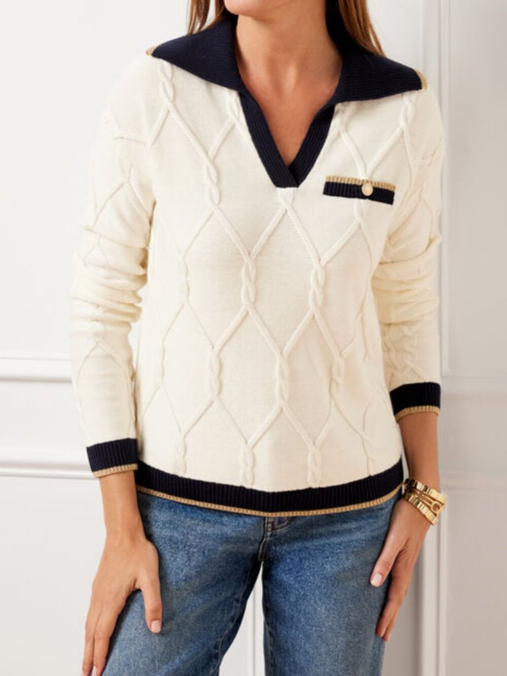 Talbots Lattice Cable Johnny Collar Sweater Tipped Size 2L Ivory Navy Gold